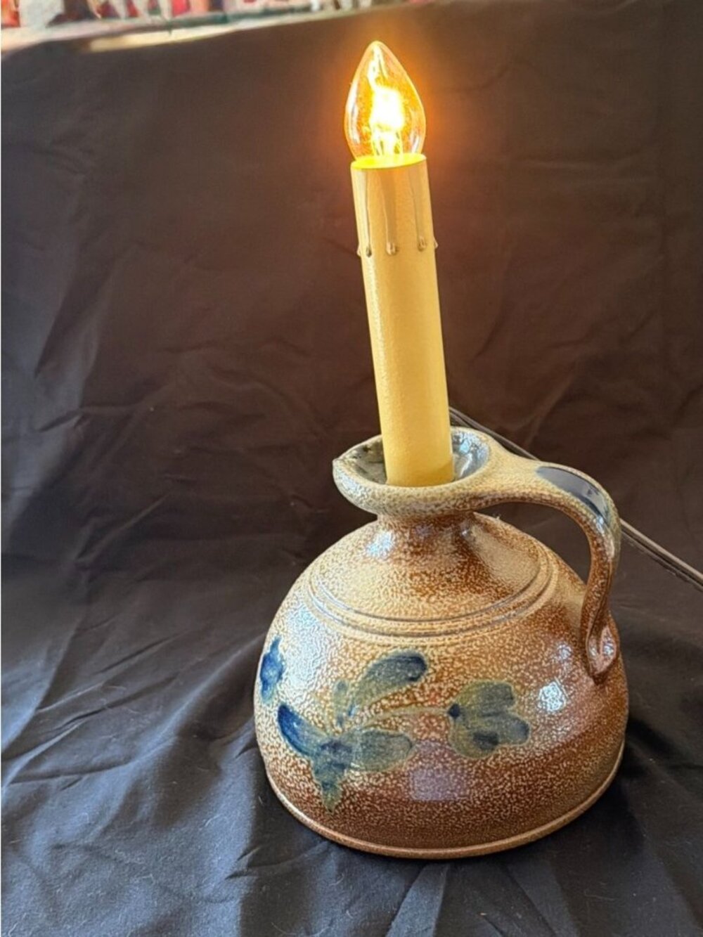 Rowe Pottery 2002 Blue Floral Pattern Electric Candle Lamp With Handle & 84" Cor